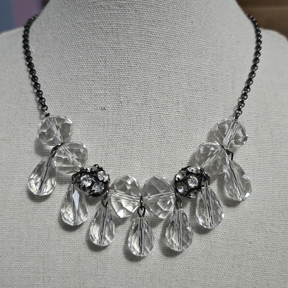 Liz Claiborne Faceted Crystal Gunmetal Statement Necklace